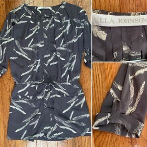 Ulla Johnson Long Silk Grey Feather Leaf Mini Shirt Dress Sz 4